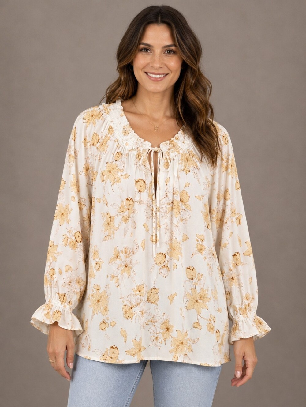 Millibon Ivory Floral Ruffle Tie Balloon Sleeve Blouse Small A-302